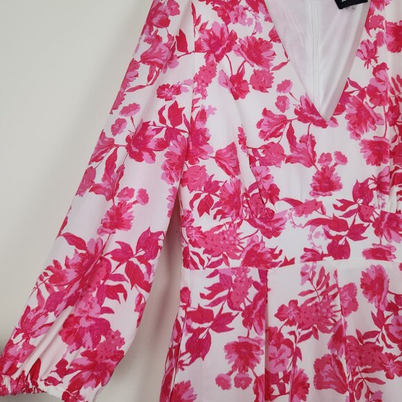 SUGAR LIPS Size L Floral Pink White Long Sleeve V-Neck Romper with Pockets - Picture 3 of 8